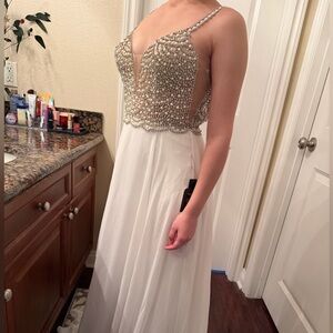 NWT Lulu's Elegant Pearl-Embellished White Gown.